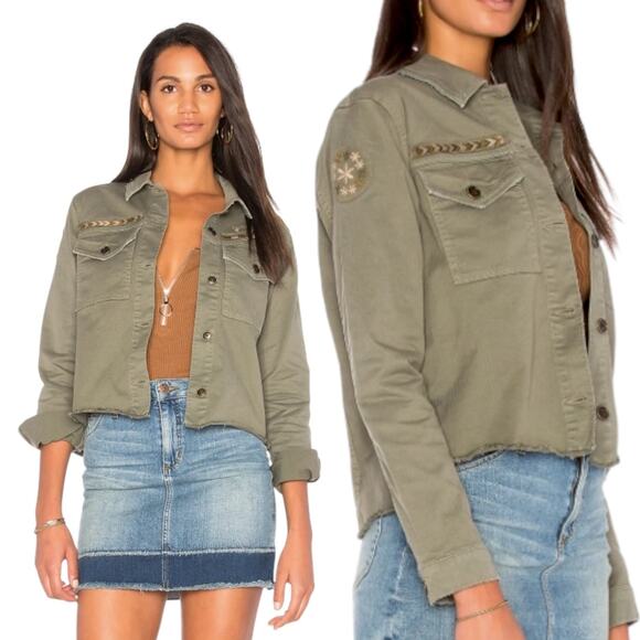 JOE'S JEANS Frayed Hem Embroidered Patch Military Cropped Jacket Green Gorpcore - Picture 1 of 16